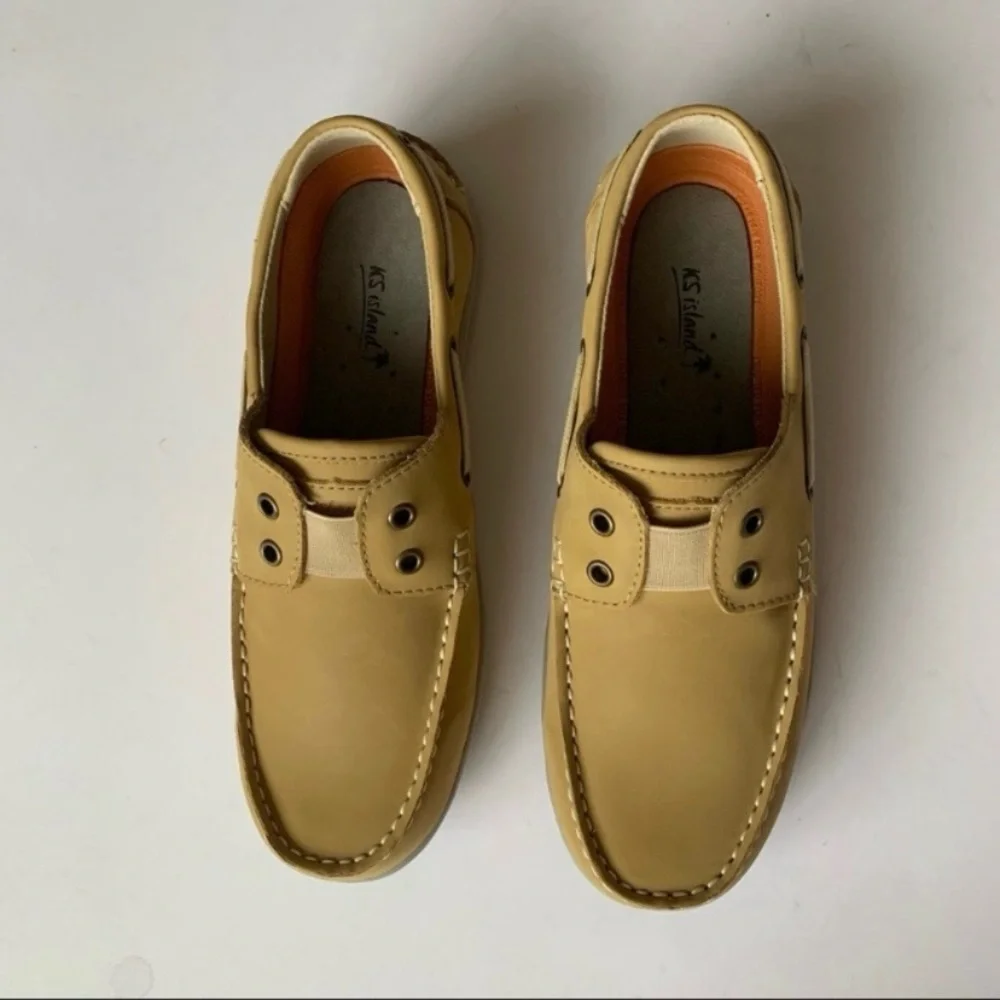 KS Island Tan Leather Boat Shoes Slip-On Size 9 Wide NEW IN BOX
